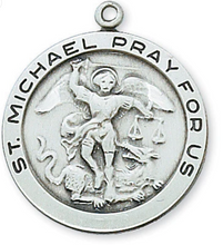 Load image into Gallery viewer, Necklace - "St. Michael Pray For Us" - Plated Pewter and Rhodium Plated Chain with Gift Box