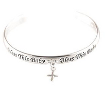 Load image into Gallery viewer, Baby Bracelet - Silver Plated Cuff with Cross Charm - "Bless This Baby"
