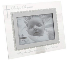 Load image into Gallery viewer, Picture Frame - "Baby's Baptism" - Glass with Mirrored Border/Text and Lace Accents - 4" X 6" Photo - Size Frame
