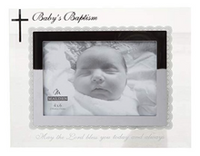 Load image into Gallery viewer, Picture Frame - "Baby's Baptism" - Glass with Mirrored Border/Text and Lace Accents - 4" X 6" Photo - Size Frame