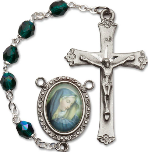 Rosary - Emerald Aurora Borealis Beads - Picture of Our Lady of Sorrow Center