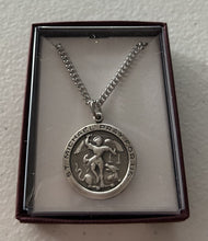 Load image into Gallery viewer, Necklace - "St. Michael Pray For Us" - Plated Pewter and Rhodium Plated Chain with Gift Box
