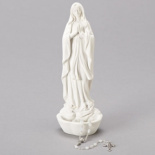 Rosary Holder - Our Lady of Lourdes Figurine - White Stone/Resin - 8