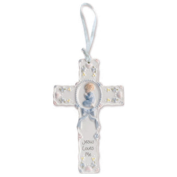 Cross Ornament - Porcelain - Jesus Loves Me - Baby Girl or Baby Boy