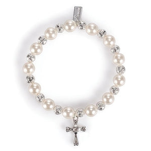 Bracelet - Baby to Bride - Brass with Pearl Accent - Stretch 8" with Cross Charm