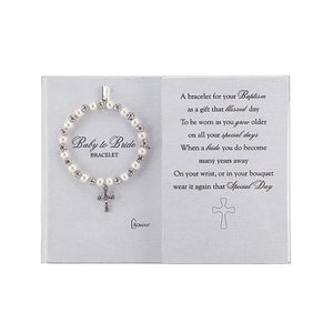 Bracelet - Baby to Bride - Brass with Pearl Accent - Stretch 8" with Cross Charm