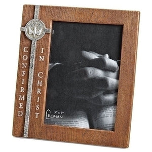 Picture Frame - "Confirmed in Christ" - Wood Look Resin with Pewter Cross - 5" X 7" Photo - 8" H