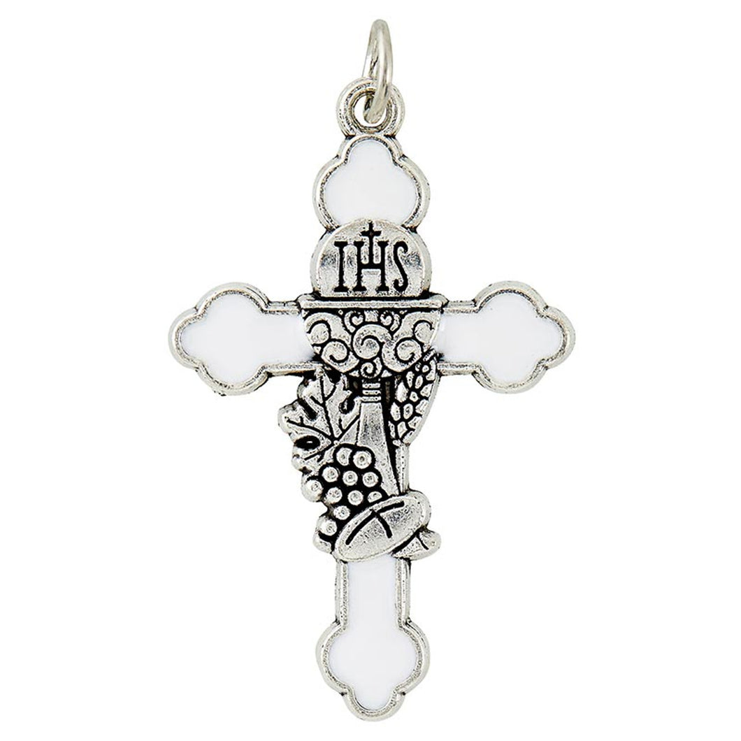 Necklace - Cross - First Communion - White Enamel on Plated Silver