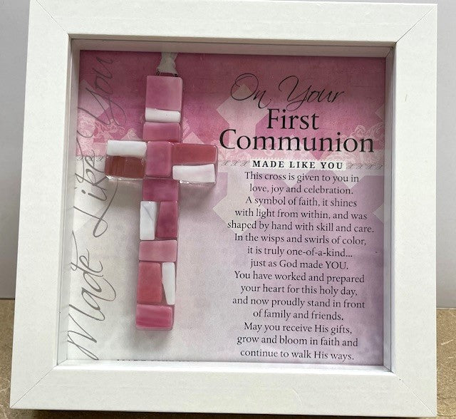 Framed Girl's Pink Mosaic 1st Communion Cross