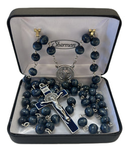 Rosary - St. Benedict - Deep Indigo Wooden beads - Enamel Crucifix