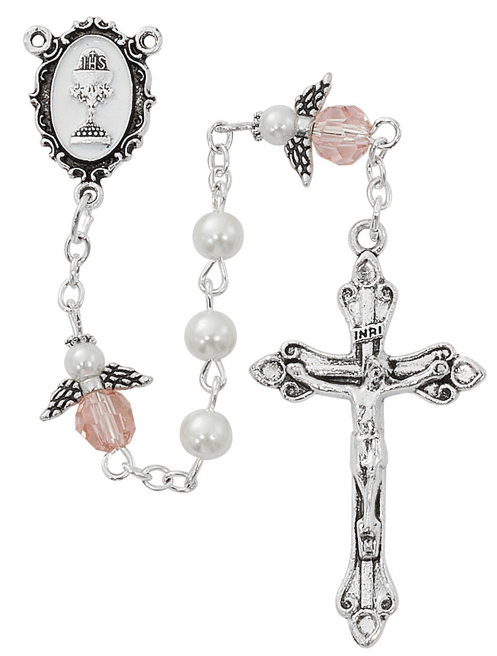 Rosary - White Pearl with Angel Our Father Beads - Enamel Center