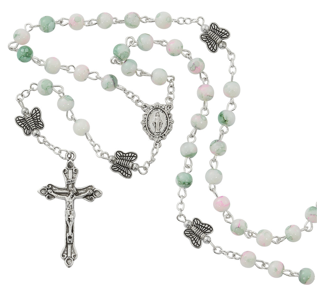 Rosary - Butterfly Our Father Beads - Elegant White beads with Green and Pink Accents