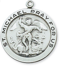 Load image into Gallery viewer, Necklace - &quot;St. Michael Pray For Us&quot; - Plated Pewter and Rhodium Plated Chain with Gift Box