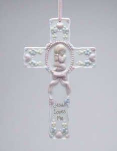 Cross Ornament - Porcelain - Jesus Loves Me - Baby Girl or Baby Boy