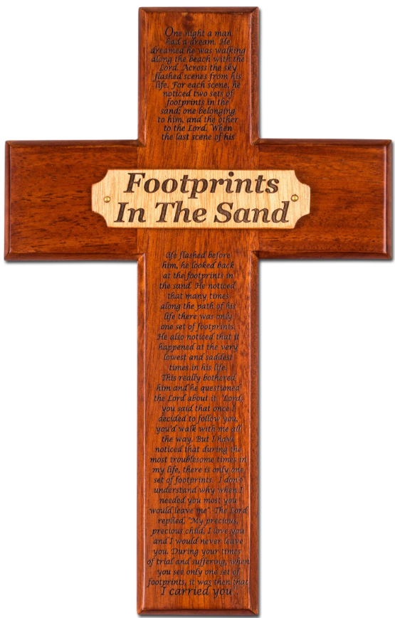 Cross - Footprints in the Sand - Solid Mahogany - Wall-mount Ready - 10