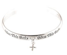Load image into Gallery viewer, Baby Bracelet - Silver Plated Cuff with Cross Charm - &quot;Bless This Baby&quot;