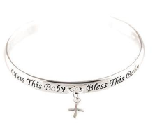 Baby Bracelet - Silver Plated Cuff with Cross Charm - "Bless This Baby"
