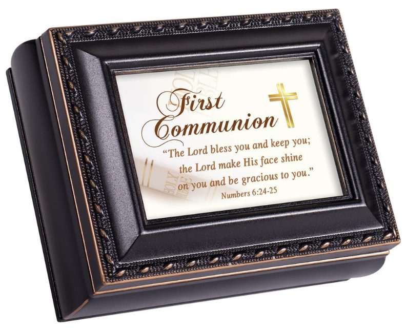 Keepsake Box - First Communion - Black Wood Finish with Antiqued Ornamental Border