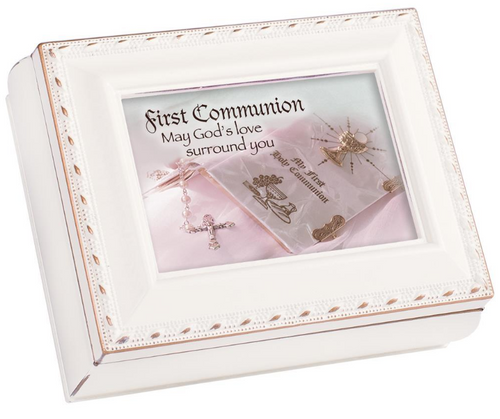 Keepsake Box - First Communion - Ivory with Ornamental Antiqued Border