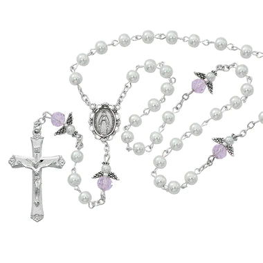 Rosary - White Pearl with Angel Our Father Beads - Rhodium Crucifix and Center