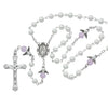 Rosary - White Pearl with Angel Our Father Beads - Rhodium Crucifix and Center