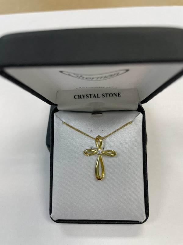 Necklace-Gold tone cross with Crystal