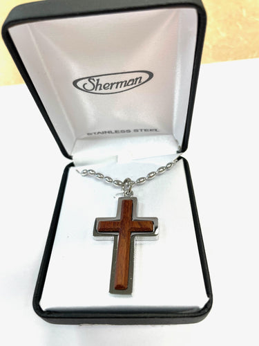 Necklace-Stainless Steel/Raised wood Cross