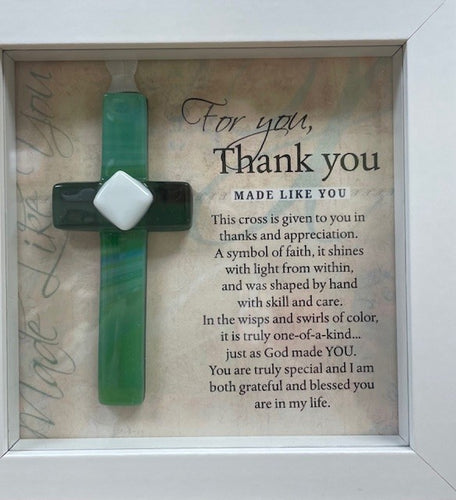 Ornament - Framed Green  Mosiac Cross - Thank you