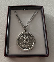 Load image into Gallery viewer, Necklace - &quot;St. Michael Pray For Us&quot; - Plated Pewter and Rhodium Plated Chain with Gift Box