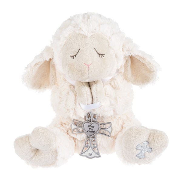 Serenity Lamb with Crib Cross-Blue, Pink, or White Ribbon