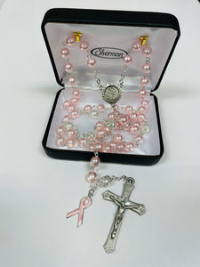 Rosary - St. Peregrine - Breast Cancer Support - Pink and White Pearl Beads